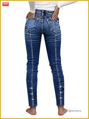 Mid Waist Skinny Jeans Butt Lifting Button Side Stitch Detail
